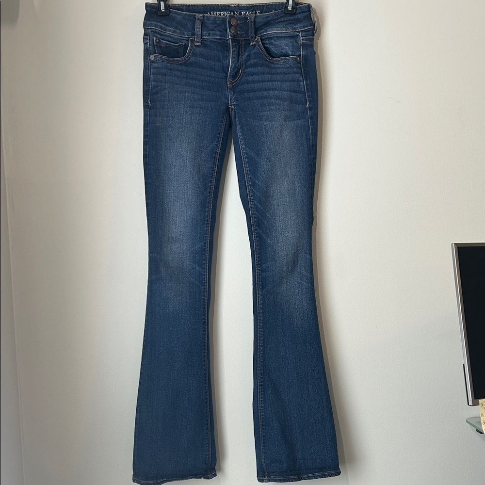 American Eagle dark denim “Super Stretch X” Flare leg size 2 long